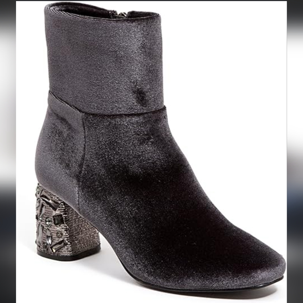 Ninety Union Lyon Gray Velour Ankle Boots Womens 11 Rhinestone Glam Chunky Heels